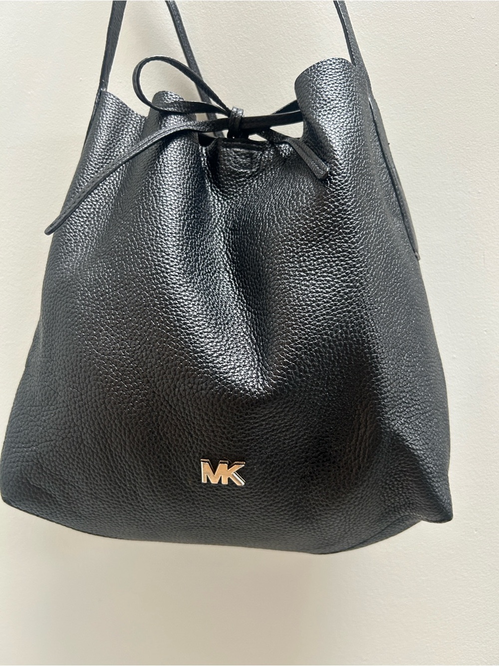 Michael Kors Black Pebbled Drawstring Tote with Gold MK Logo